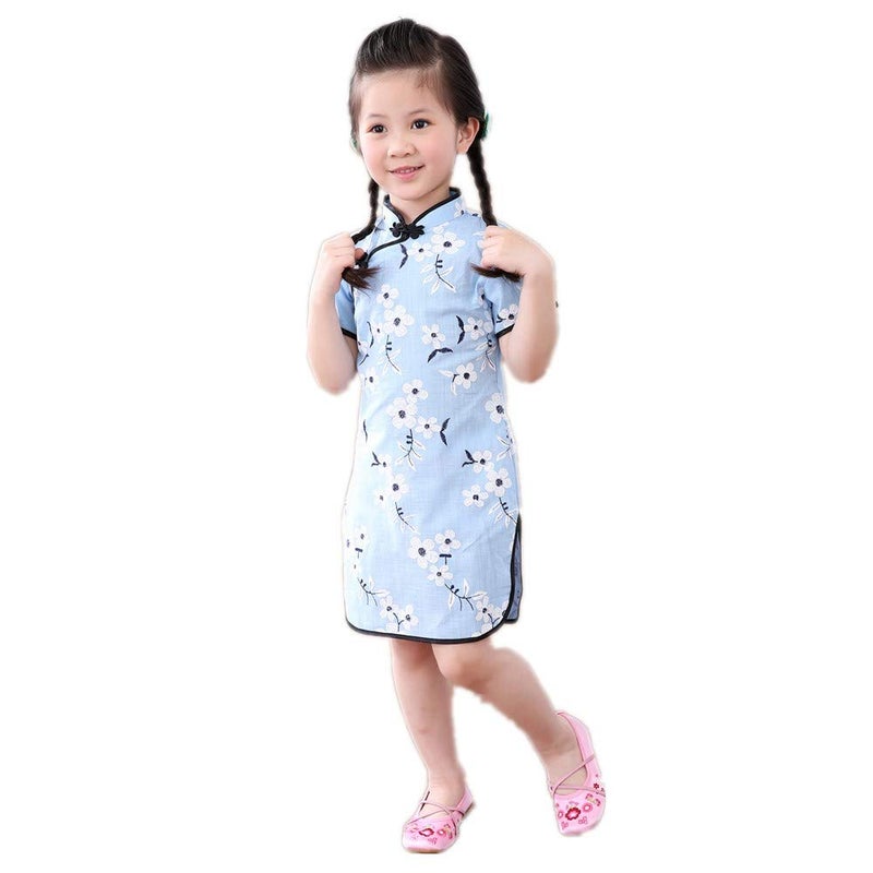 SZCQ Foral Baby Girls Dress New Year Qipao Vintage Chinese Cheongsam Princess Costume (Blue, 2) - Image 1